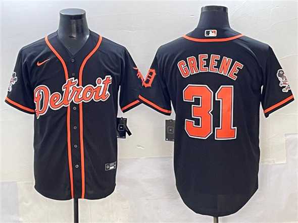Men%27s Detroit Tigers #31 Riley Greene Black With Patch Cool Base Stitched Jersey